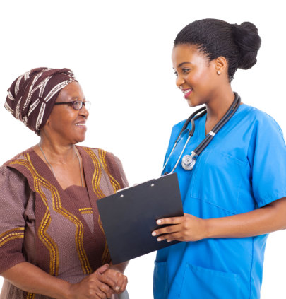 caregiver with stethoscope and senior woman smiling
